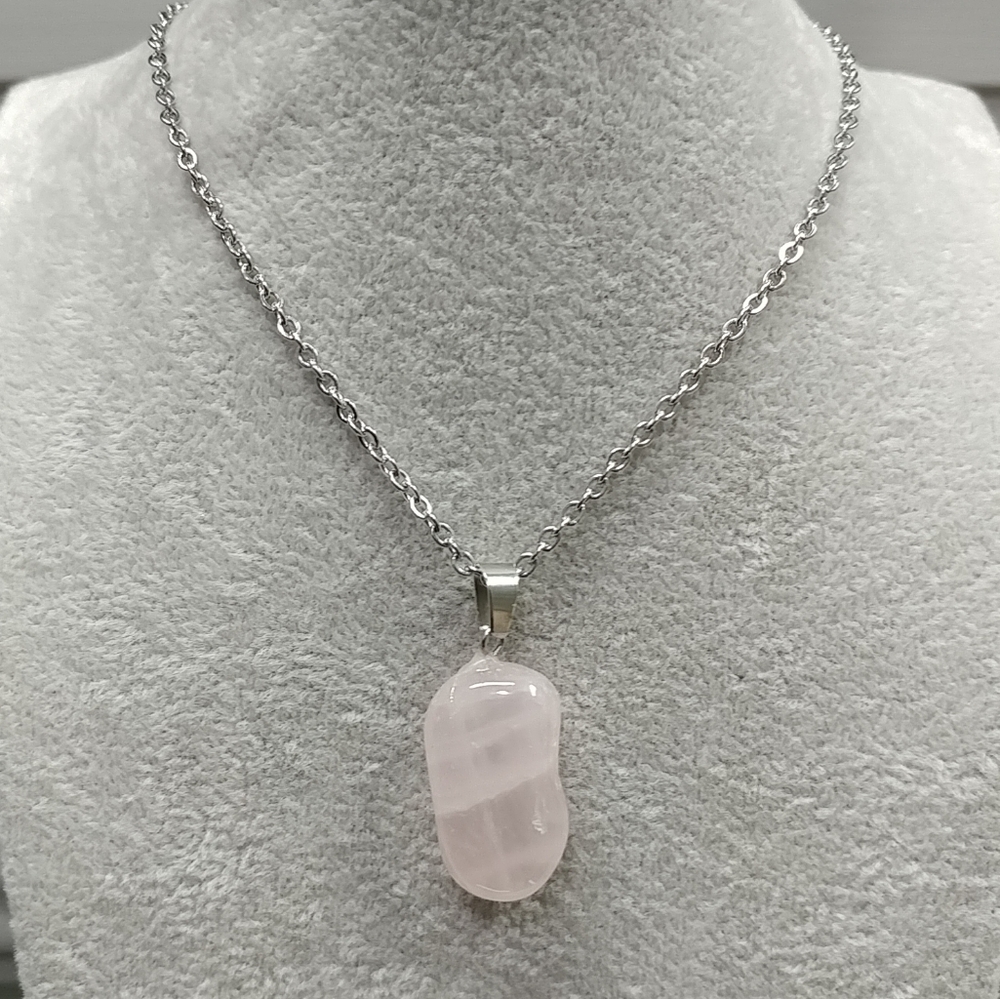 Rose Quartz Necklace Natural Gemstone Crystal Pendant Stainless-Steel Chain 20"